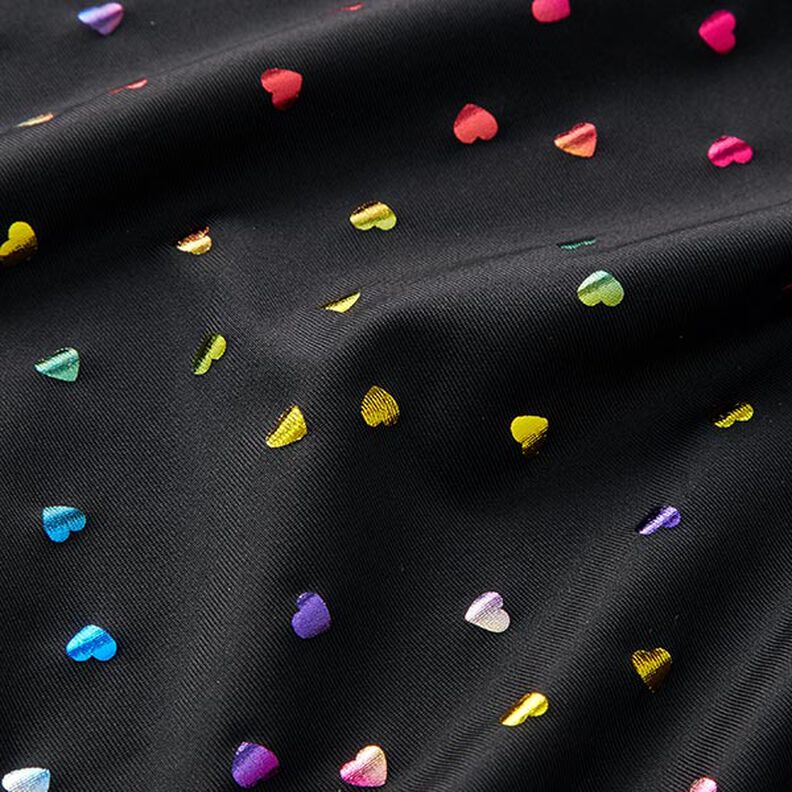 Foliejersey kleurrijke glinsterende hartjes – zwart,  image number 2
