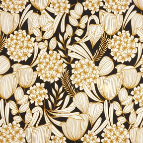 Katoensatijn Tropische bloemen – zwart, 