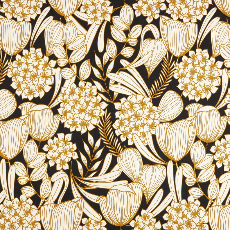 Katoensatijn Tropische bloemen – zwart, image number 1