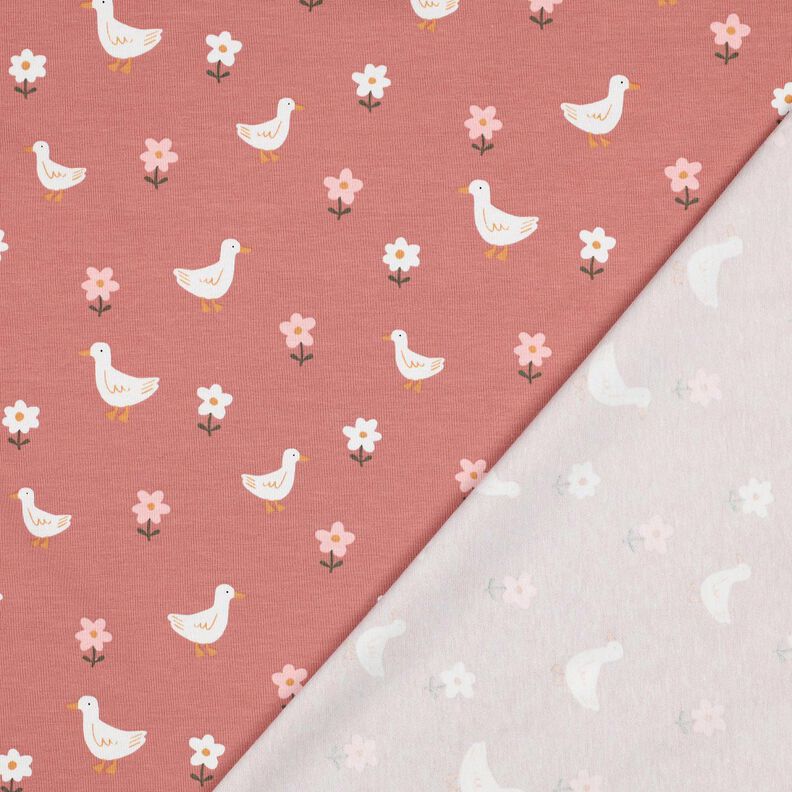 Katoenjersey Ganzen op de bloemenweide | Poppy Fabrics – donker oudroze/wit, image number 4