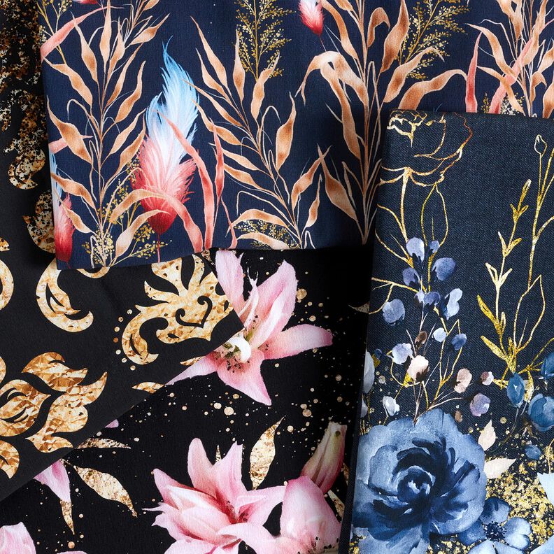 Katoenjersey Stof voor rand met bloemen in gouden glitters | Glitzerpüppi – nachtblauw/jeansblauw,  image number 9