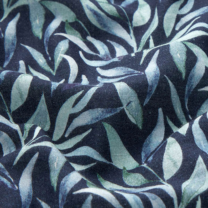 Mousseline/dubbel gehaakte stoffen Aquarel bladeren Digitaal printen – marineblauw,  image number 2