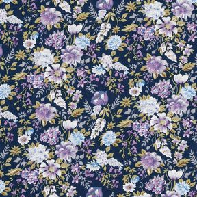 Katoenpopeline Romantische bloemenweide – marineblauw/lavendel, 