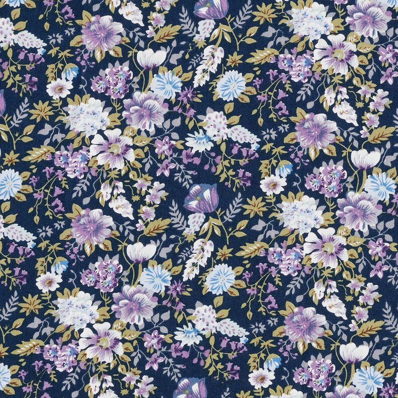 Katoenpopeline Romantische bloemenweide – marineblauw/lavendel,  image number 1