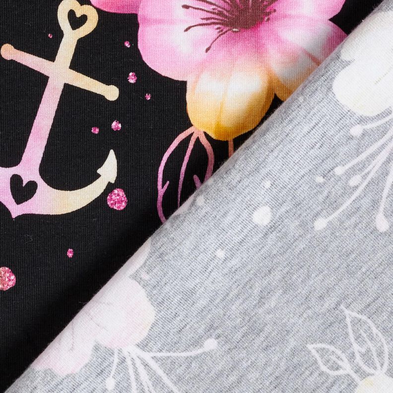 Katoenjersey maritieme bloemen | Glitzerpüppi – zwart/purper,  image number 4