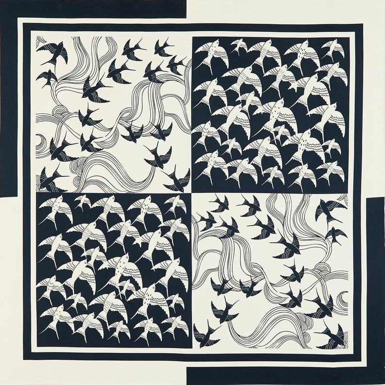 Satijnen paneel zwaluwen | Katia Fabrics – anthraciet/creme,  image number 1