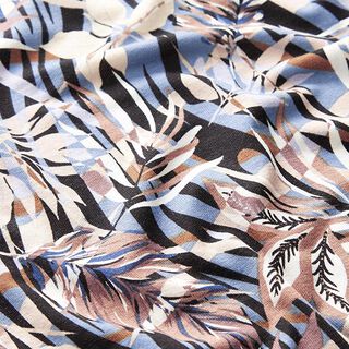 Viscosejersey tropische bladeren en varens – blauw, 