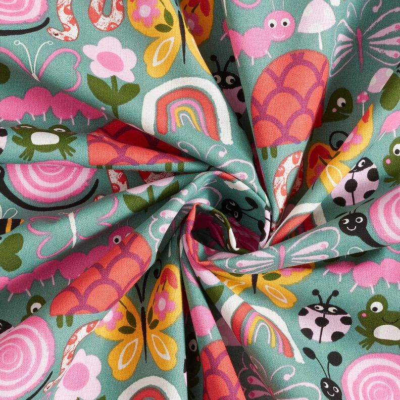 Katoenen stof Cretonne Vlinders en bijen – eucalyptus/roze, image number 3