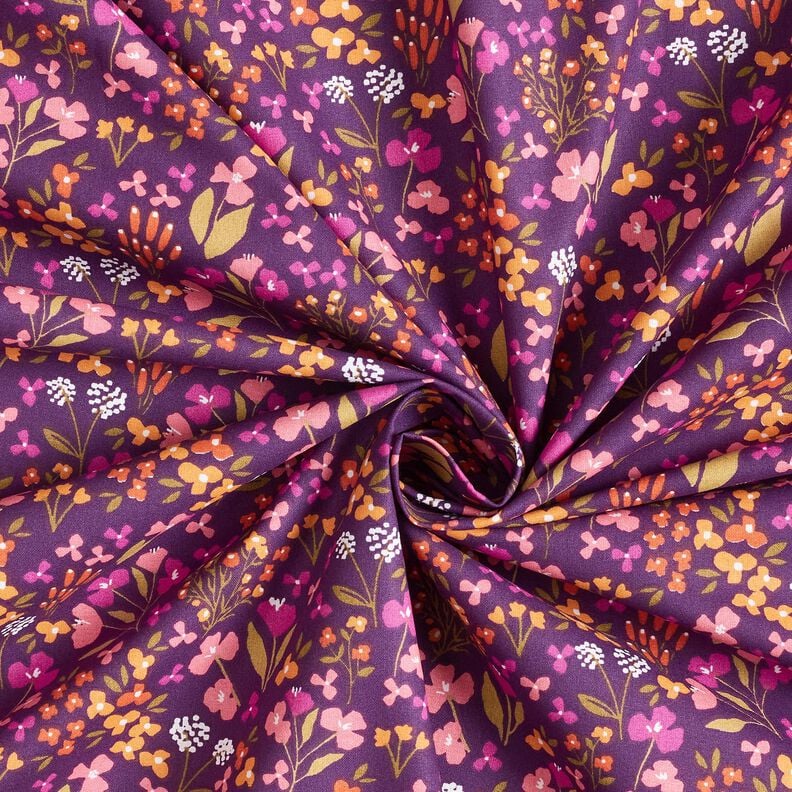 Katoenen stof Cretonne Weidebloemen – aubergine/roze, image number 3