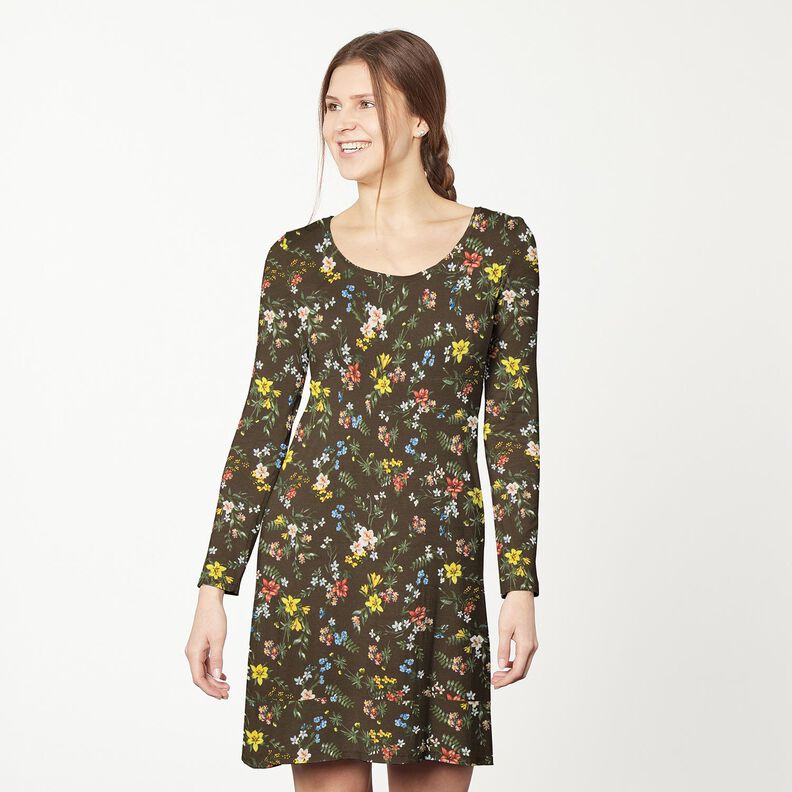 Viscosejersey Kleine bloempjes – donkerbruin/vuurrood,  image number 6