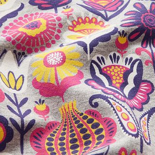 French Terry sommersweat Folklore bloemenweide – zilvergrijs/pink, 