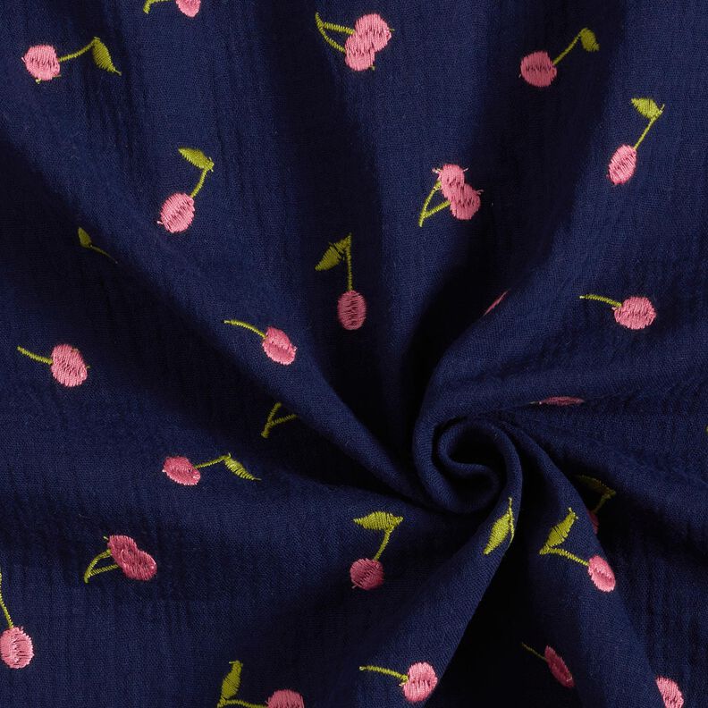 Mousseline/dubbel gehaakte stoffen opgestikte kersen | Poppy Fabrics – nachtblauw/roze,  image number 3