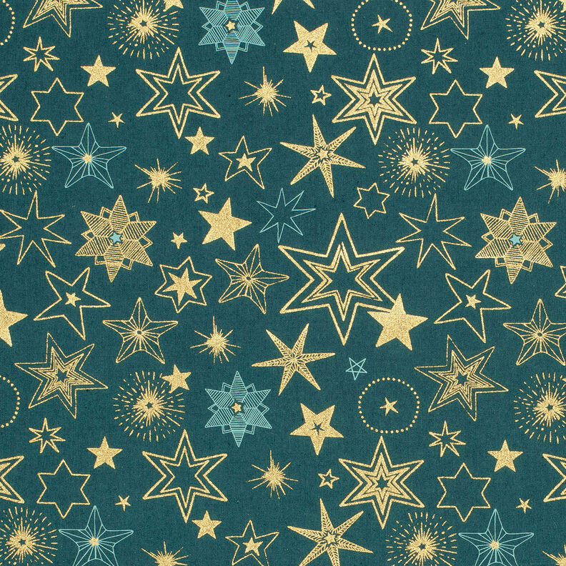 Katoenen stof Popeline Grote sterren – blauwe spar/goud, image number 1