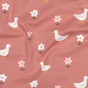 Katoenjersey Ganzen op de bloemenweide | Poppy Fabrics – donker oudroze/wit, 
