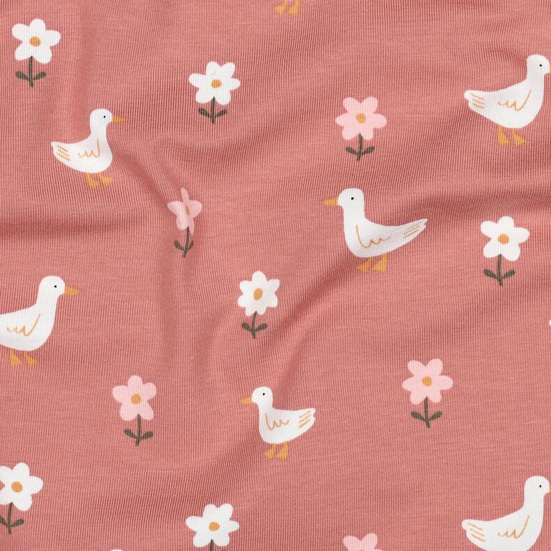 Katoenjersey Ganzen op de bloemenweide | Poppy Fabrics – donker oudroze/wit, image number 2