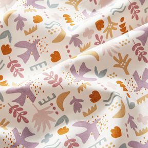 Katoenen stof Cretonne abstracte vogels – ecru/pastelviolet, 