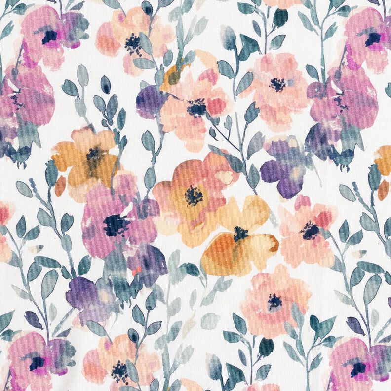 GOTS Katoenjersey Aquarel bloemenweide Digitaal printen – ivoor, image number 1