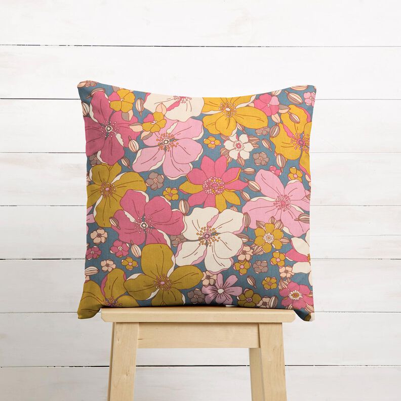 Katoenen stof Cretonne grote bloemenpracht – blauwgrijs/pink,  image number 6