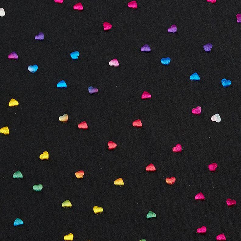 Foliejersey kleurrijke glinsterende hartjes – zwart,  image number 1