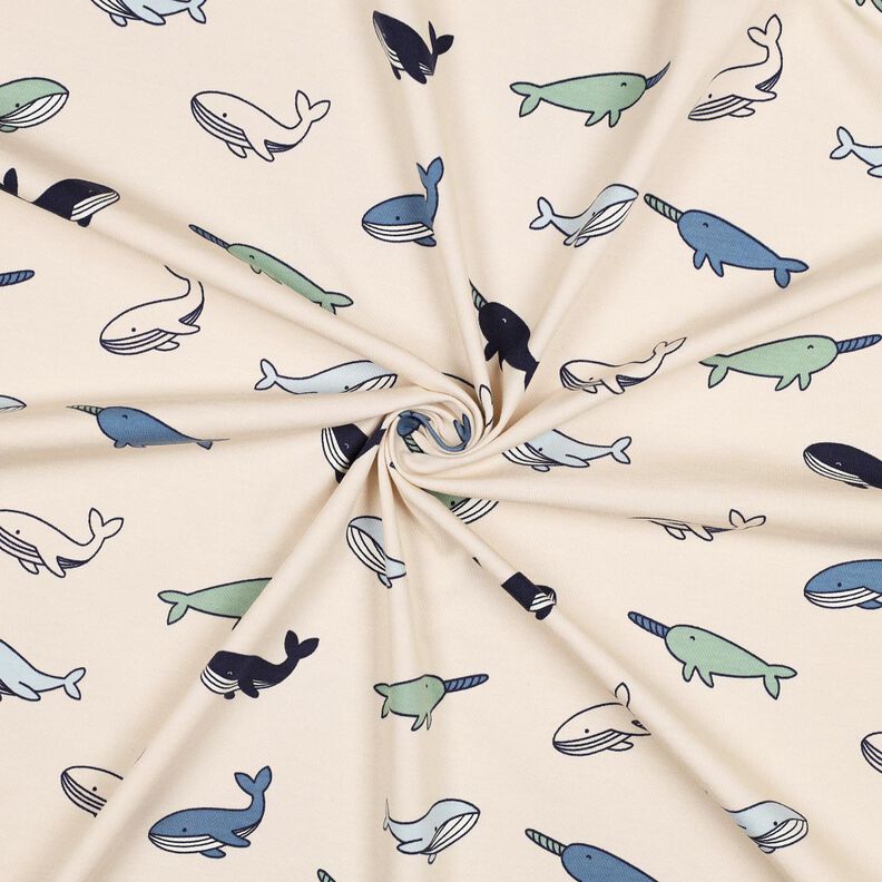 Katoenjersey schattige walvissen| Poppy Fabrics – cashew/marineblauw,  image number 3