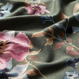 Viscosejersey weelderige herfstbloemen – kaki, 