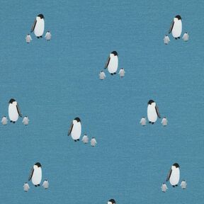 GOTS French Terry sommersweat Pinguïnfamilie Digitaal printen – jeansblauw, 