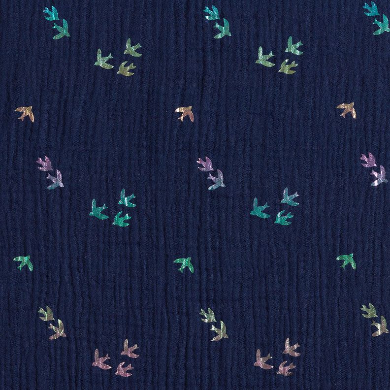 Mousseline/dubbel gehaakte stoffen Zwaluwen Foliedruk | Poppy Fabrics – nachtblauw/kleurenmix,  image number 1