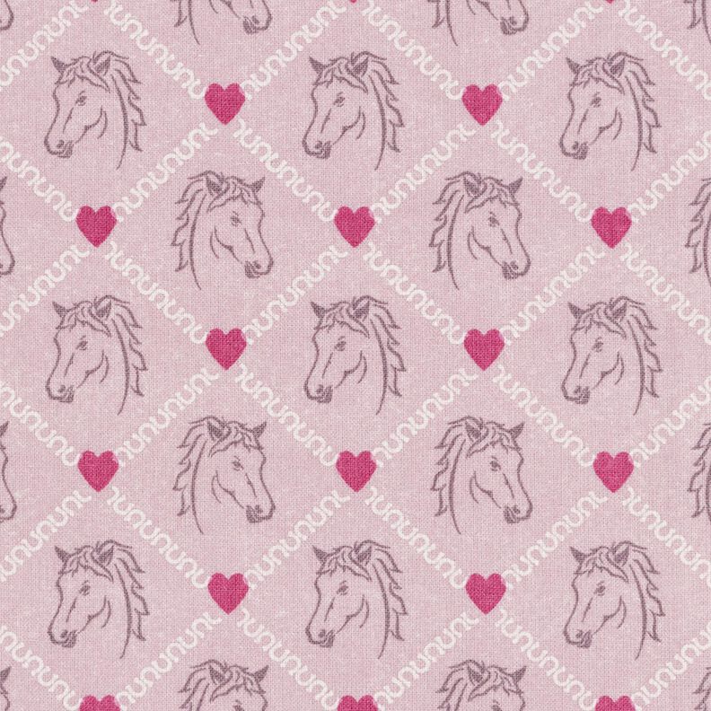 Katoenen stof Cretonne Paarden en harten roze – roze,  image number 1