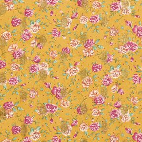 Crêpe chiffon bloemen en gouden stippen – currygeel, 