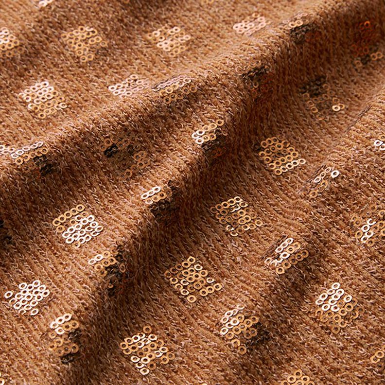 Gebreide stof glitter pailletten vakjes – karamel, image number 2
