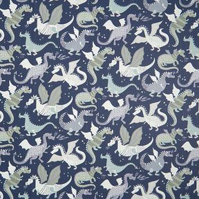 Katoenen stof Cretonne Draken & monsters – anthraciet/groen, 