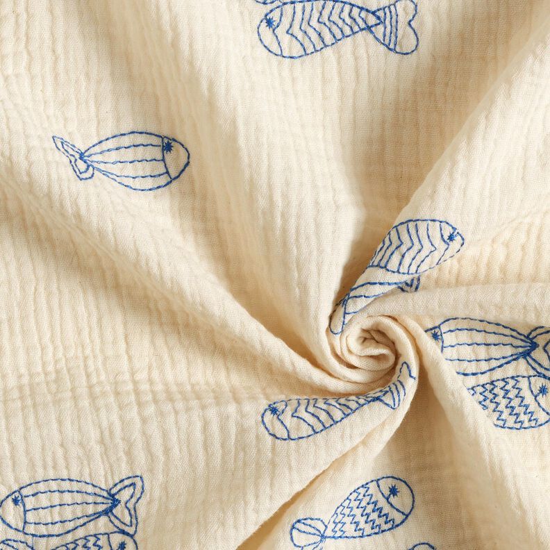 Mousseline/dubbel gehaakte stoffen opgestikte vis | Poppy Fabrics – ecru/koningsblauw,  image number 3