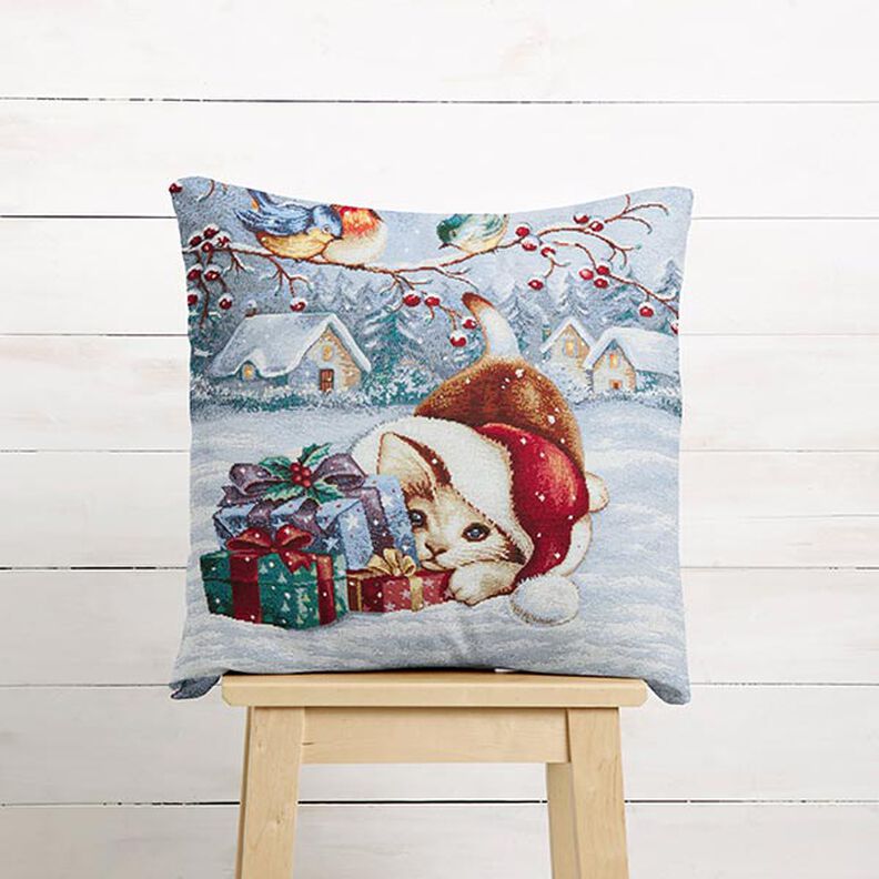 Decopaneel Gobelin Kat met geschenken – lichtblauw/karmijnrood, image number 5