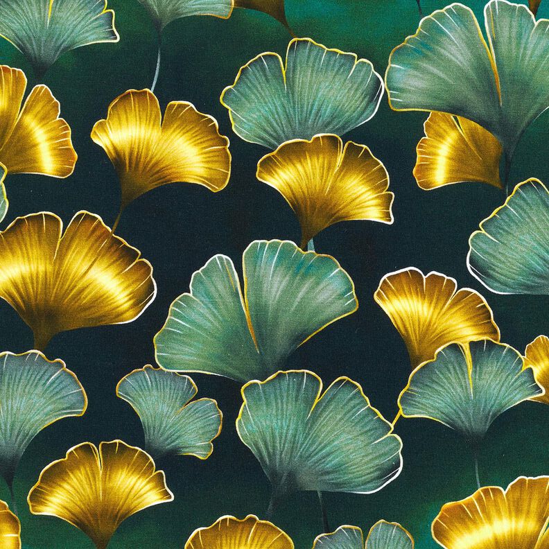 Katoenjersey Ginkgo | Glitzerpüppi – donkergroen/oud goud,  image number 1