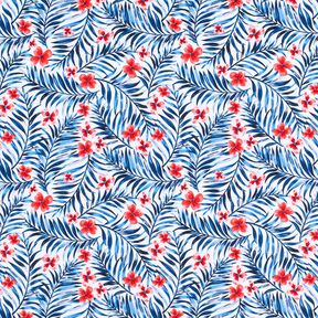 Badpakstof Bloemen en palmbladeren – wit/indigo, 