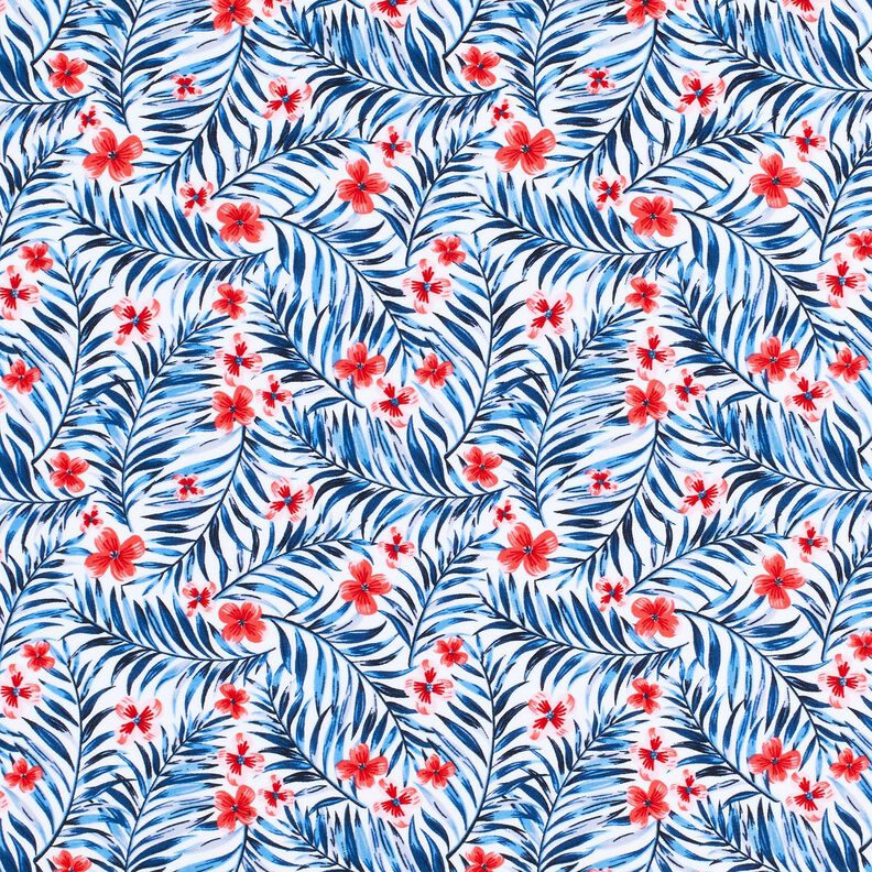 Badpakstof Bloemen en palmbladeren – wit/indigo,  image number 1