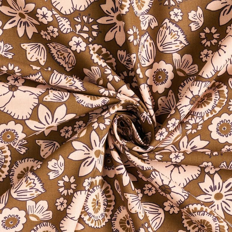 Katoenen stof Cretonne Retrobloemen – olijf/roos, image number 3