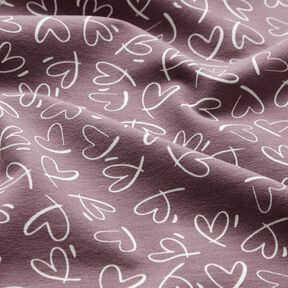 Katoenjersey Skribbel harten &ndash; pruimen/wit | Stofrestant 50cm, 