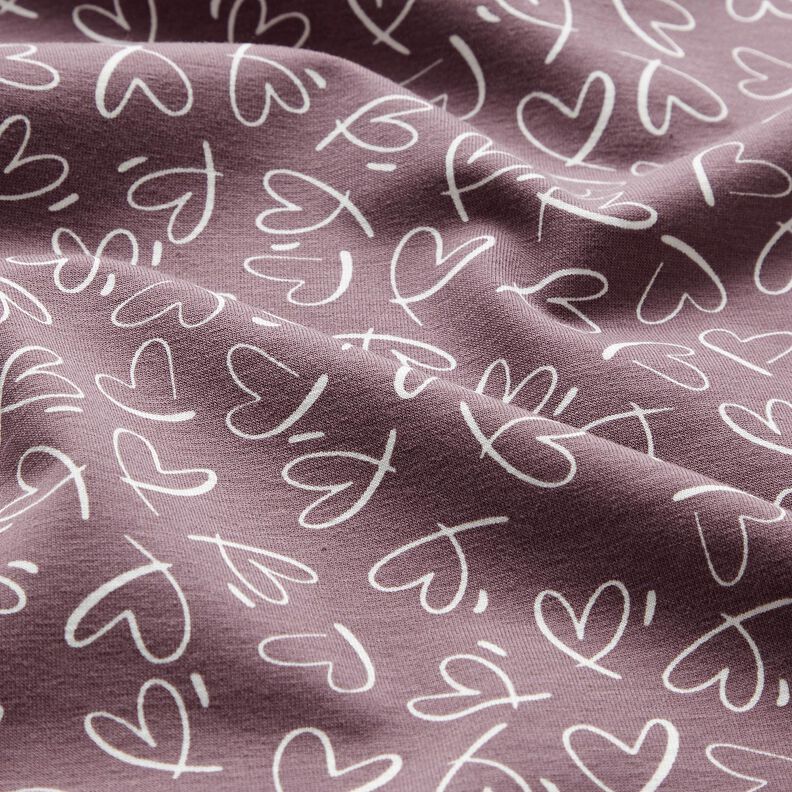 Katoenjersey Skribbel harten &ndash; pruimen/wit | Stofrestant 50cm,  image number 2
