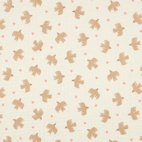 GOTS Mousseline/dubbel gehaakte stoffen Vogels en harten | Poppy Fabrics – ecru, 