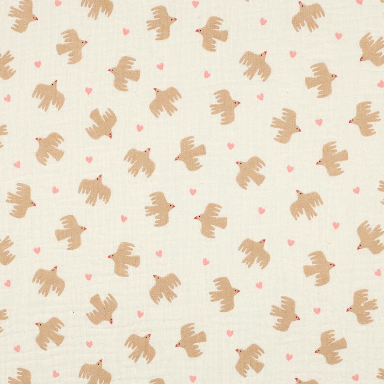 GOTS Mousseline/dubbel gehaakte stoffen Vogels en harten | Poppy Fabrics – ecru, image number 1