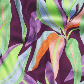 Katoensatijn Digitale bladerenprint| Poppy Fabrics – aubergine/lichtgroen, 
