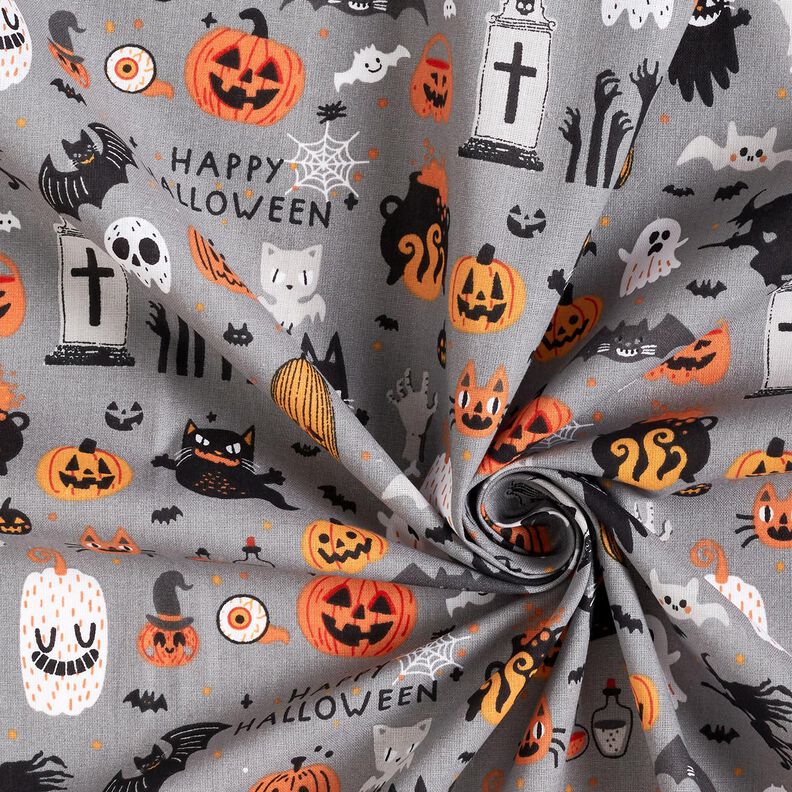 Katoenen stof Popeline Happy Halloween – olifantgrijs/lichtoranje, image number 3