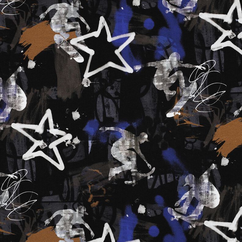 French Terry sommersweat Skate-graffiti Digitaal printen | Poppy Fabrics – zwart/indigo,  image number 1