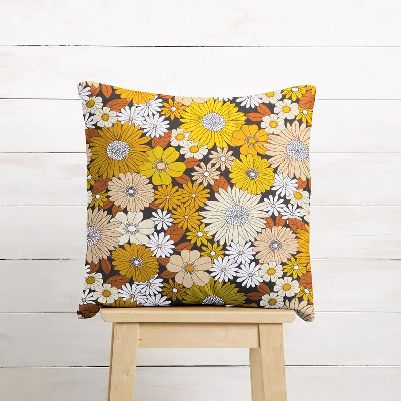 Katoenen stof Cretonne grote retrobloemen – zwart/zonnegeel,  image number 7