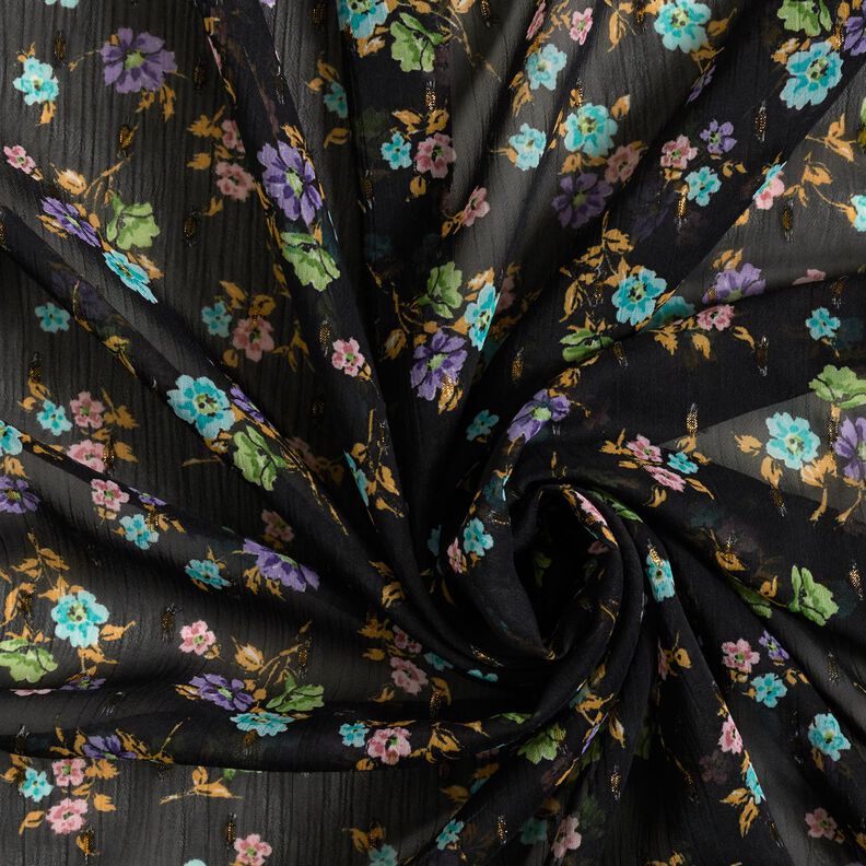 Crêpe chiffon Bloemen en gouden druppels – zwart/goud metallic, image number 3