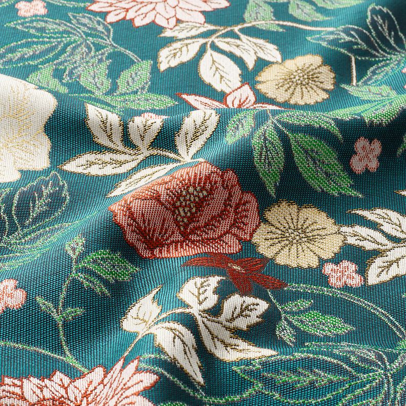 Decostof Jacquard Vintage bloemen – petroleum/donkerrood,  image number 2