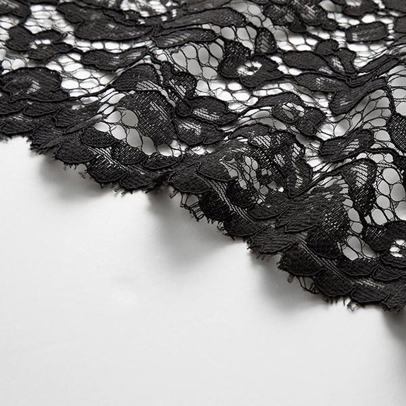 Kanten stof met golvende rand met bloesems aan beide zijden – zwart,  image number 6