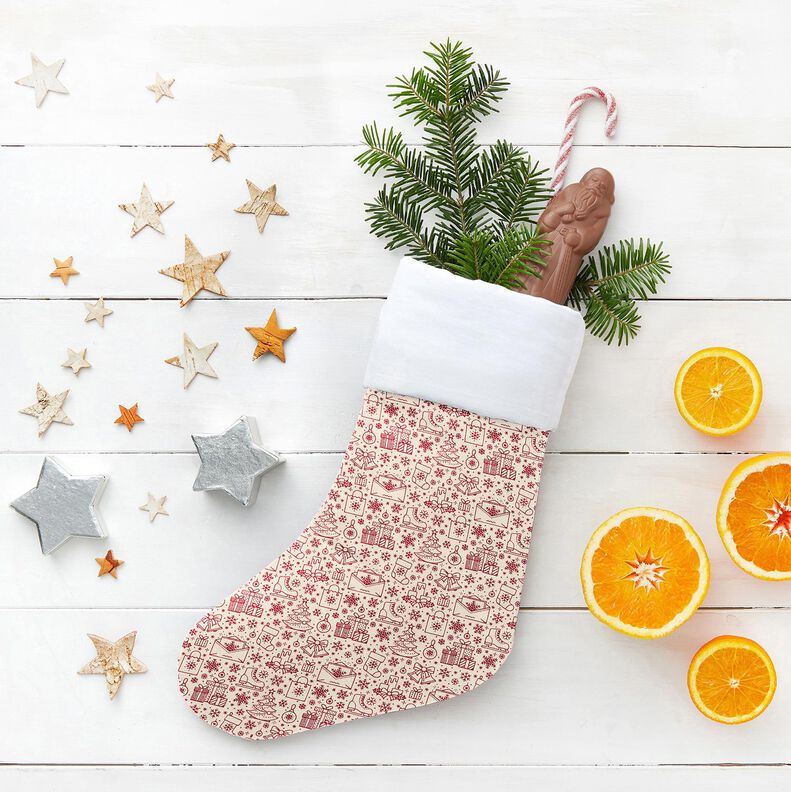 Katoenen stof Cretonne grafische kerstmotieven – natuur/karmijnrood,  image number 5