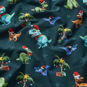 French Terry sommersweat Kerstdinosaurussen onder palmbomen | Glitzerpüppi – petroleum/lichtgroen, 
